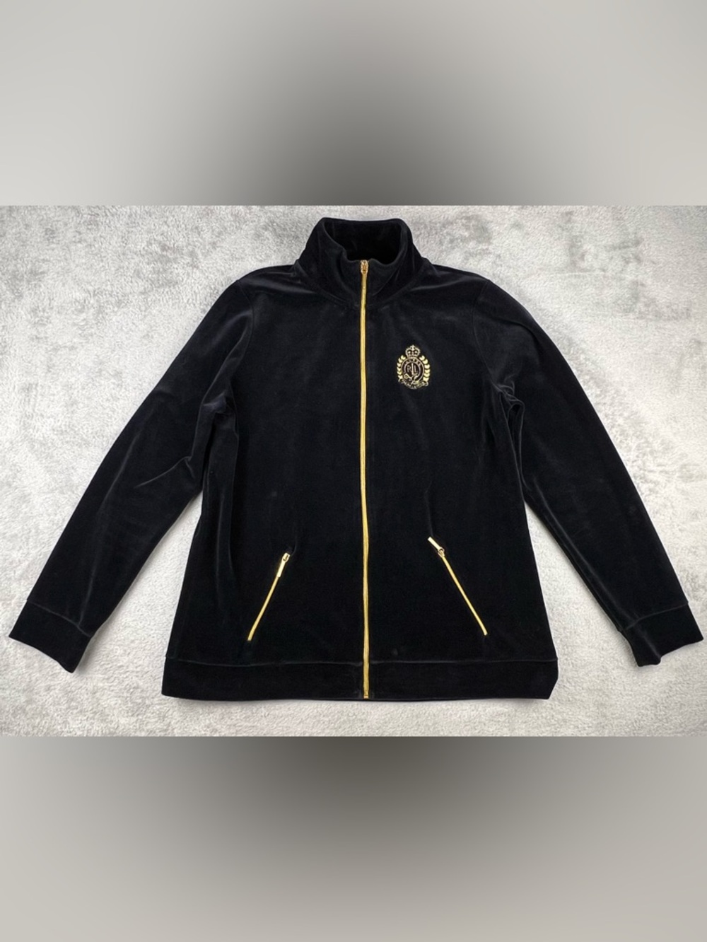 Lauren Ralph Lauren Black Velour Jacket 1X Full Zip Gold Crest Zipper Accents